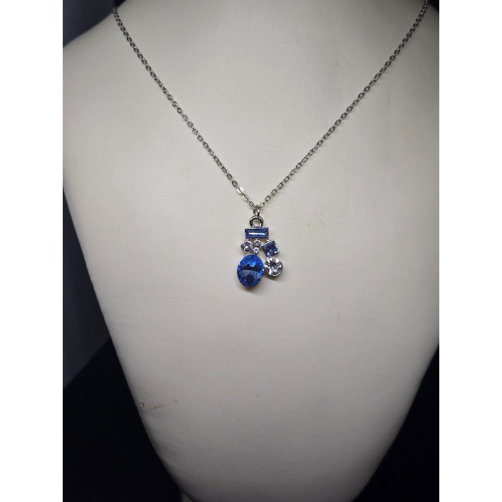 Silver Tone Blue and Clear Crystal Cluster Pendant Necklace Adjustable Chain